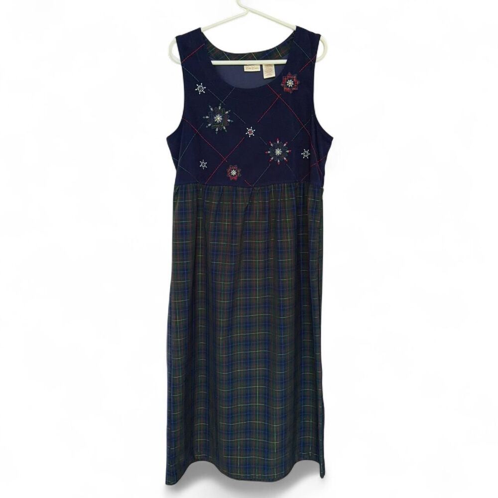 Bobbie Brooks Navy blue and green plaid maxi dress size L